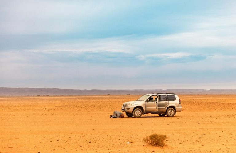 10 days A dirty SUV parked on a vast, empty desert landscape under a cloudy sky.